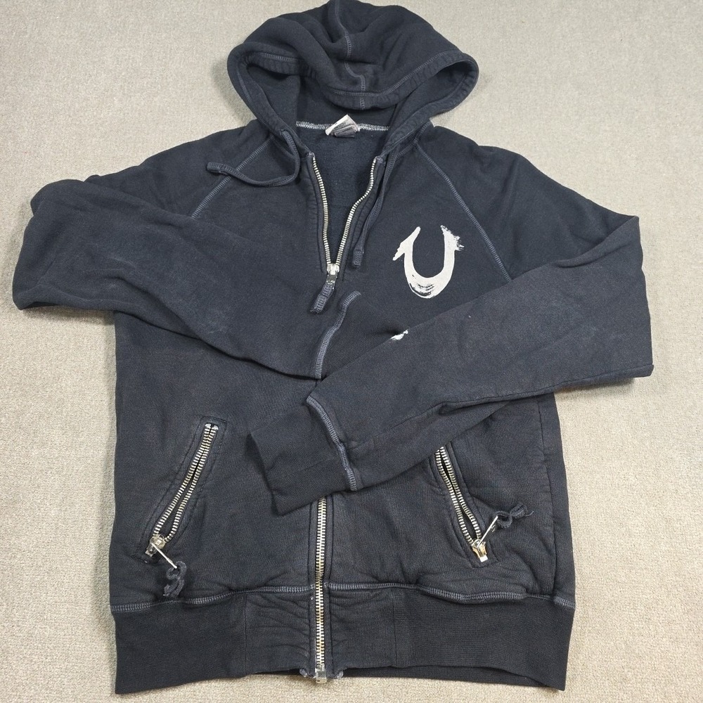 Vintage Tag True Religion Hoodie Sweatshirt Mens Medium Black Zip Up Pockets